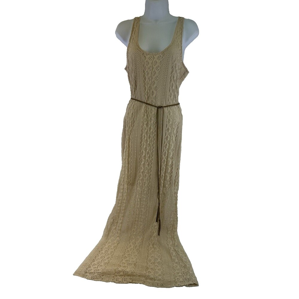Romeo Juliet Couture Dress Maxi Lace Crochet Racetrack Tank Scoop Small Beige